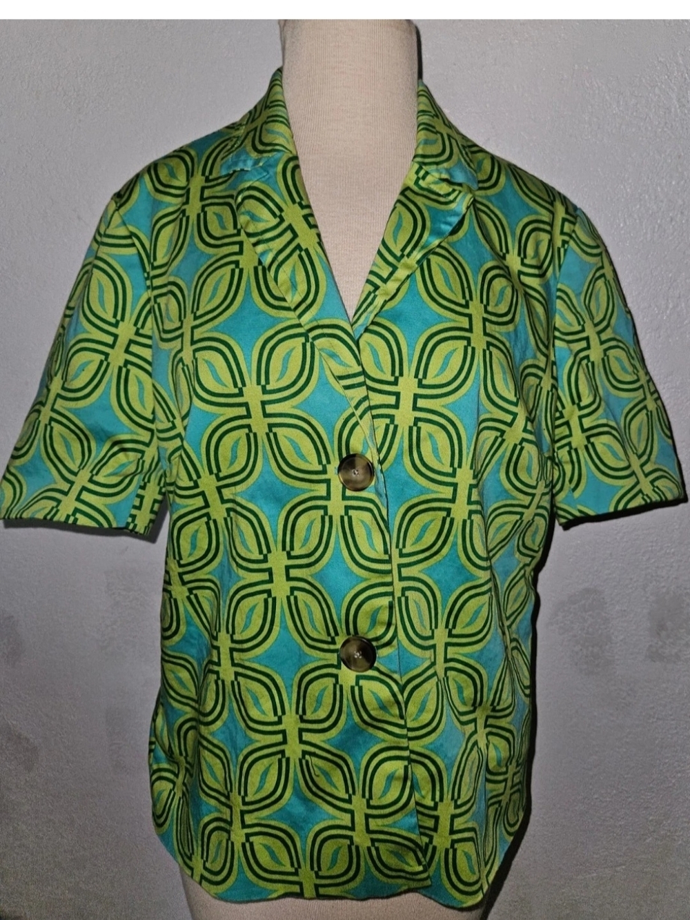 Coldwater Creek Lime & Teal Short Sleeve Button Front Size 14 Blazer Style Top